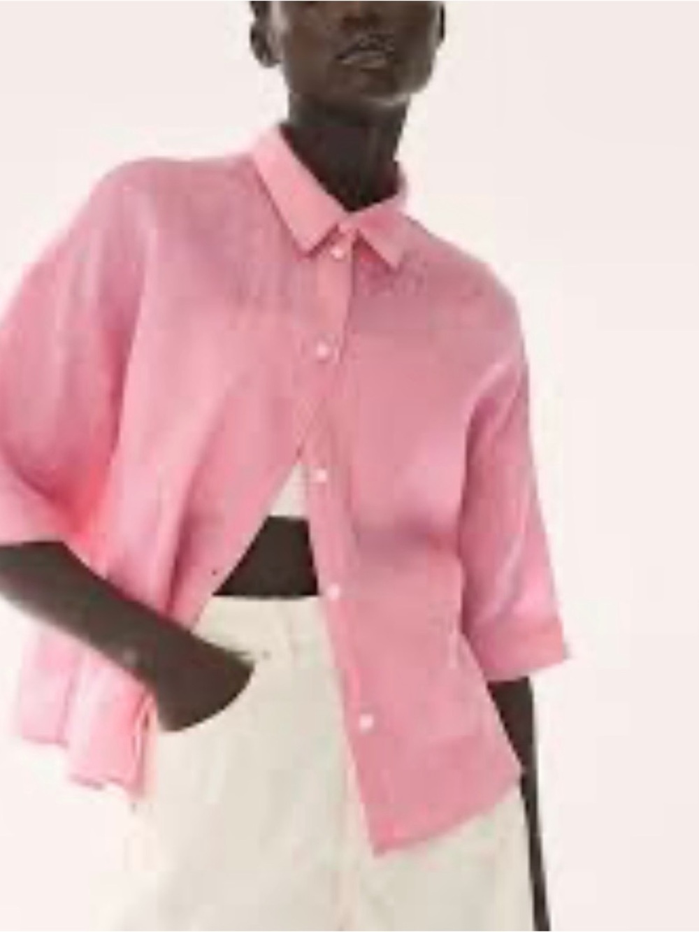H&M Pink Short-Sleeve Button-Down Linen Shirt Classic Cropped Linen